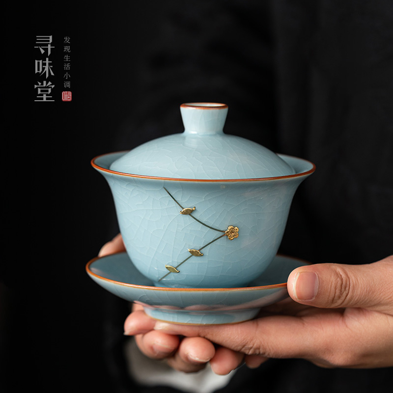 手工锔钉汝窑盖碗汝瓷三才碗