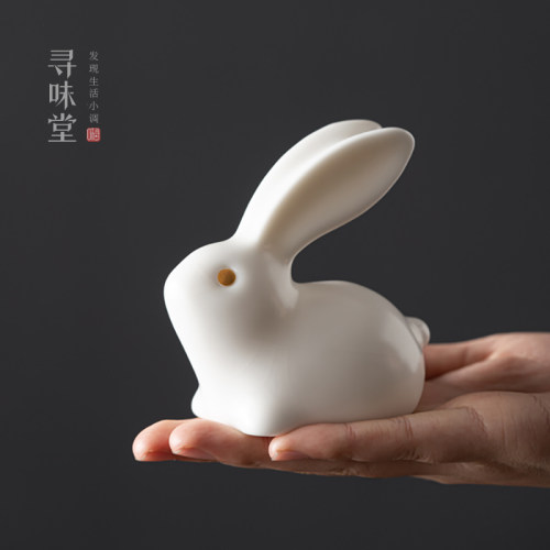 白玉汝窑玉兔小摆件汝瓷茶宠