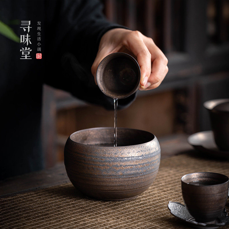 古铜釉粗陶建水｜复古小茶洗鎏金铁釉茶水盂杯洗陶瓷干泡功夫茶具