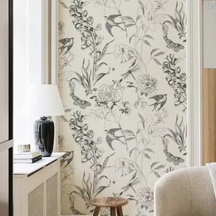 小红书网红法式复古燕子壁纸素描灰白墙纸高级感卧室墙布壁布壁画