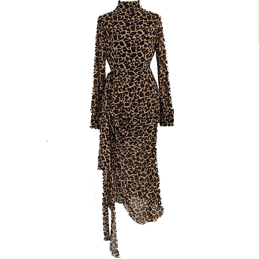 2024 Autumn New Product French Celebrity Daughter Style Pleated Three-Dimensional Bows Ribbon Leopard Print Print Waist Dress