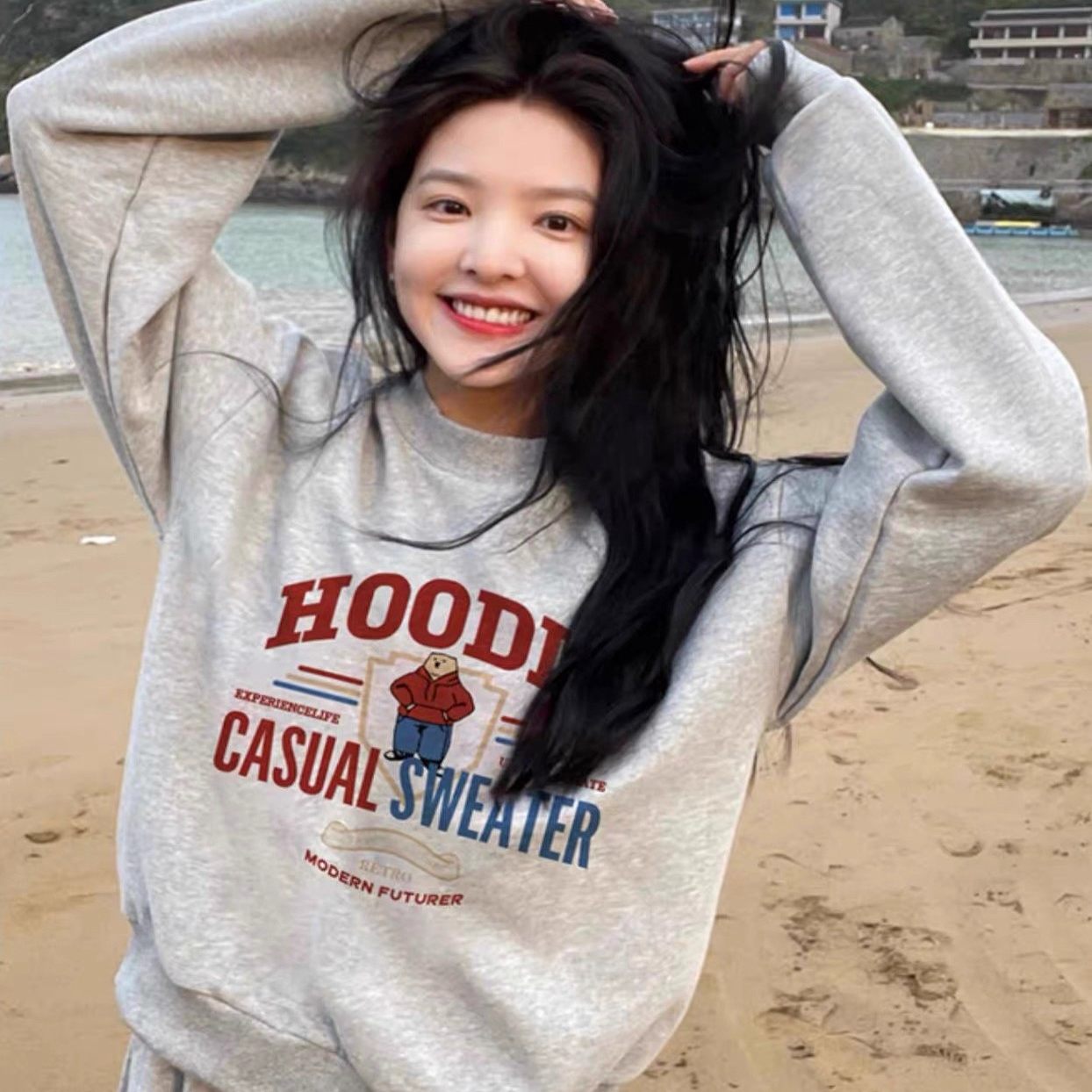 日本代购章若楠同款卫衣女日系灰色圆领秋冬款慵懒风宽松情侣上衣