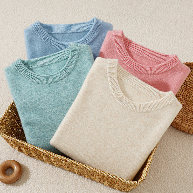 【100%羊毛】儿童纯羊毛衫男童圆领女童针织毛衣打底纯色中大童绒