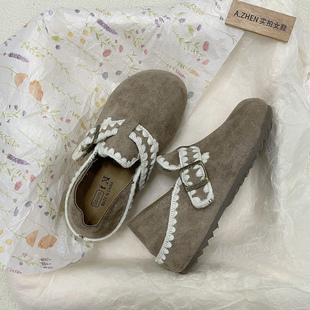 内增高勃肯鞋 女复古懒人一脚蹬软底牛筋底防滑厚底刺绣花边乳胶垫