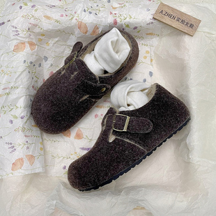 加绒羊毛毡勃肯棉鞋 乳胶 女一脚蹬软底防滑厚底复古懒人包头毛毛鞋