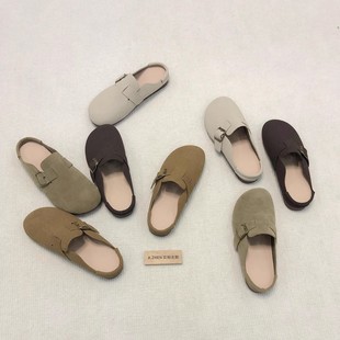 真磨砂皮复古勃肯鞋 日系圆头 软底软面防滑牛筋底包头拖复古奶奶鞋