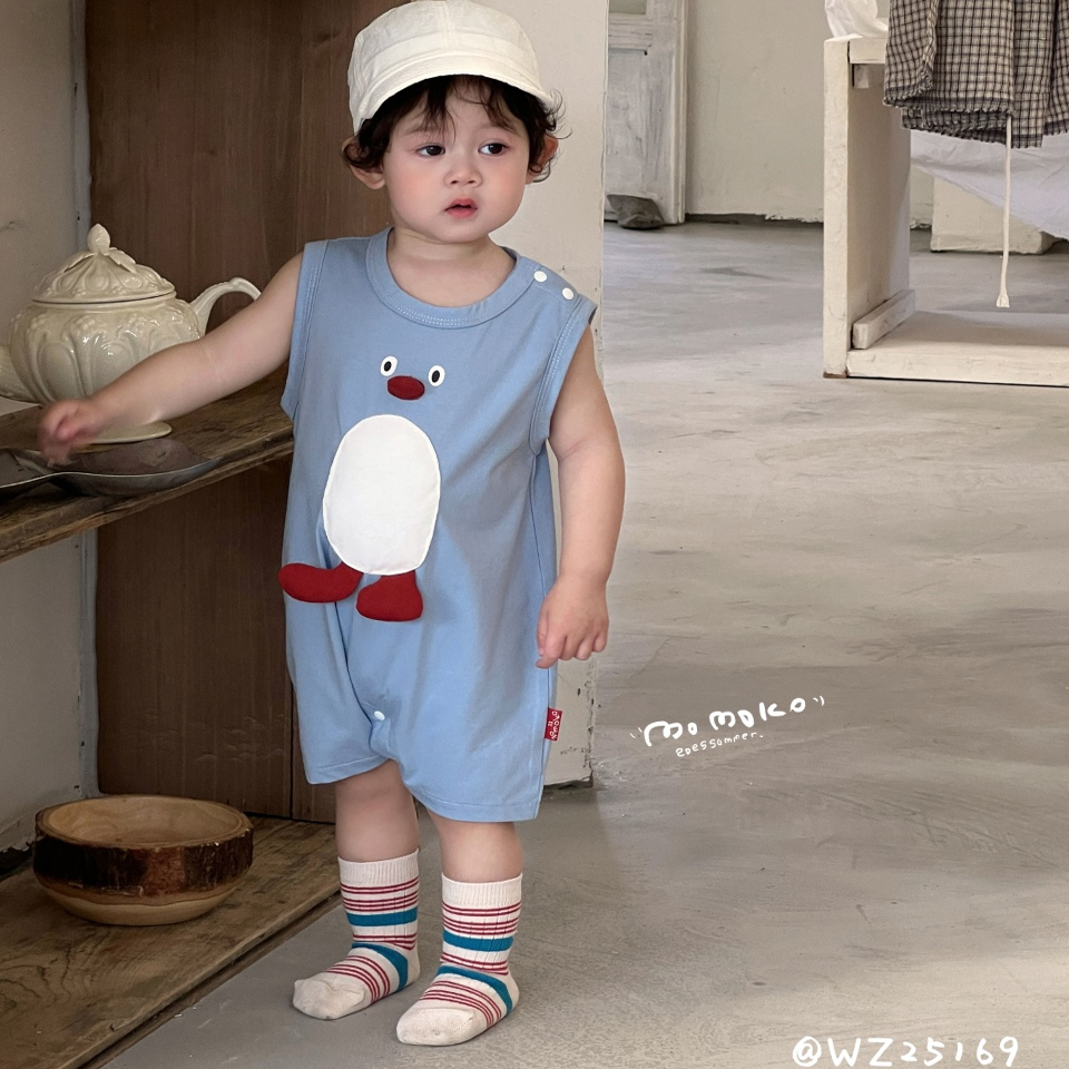 丸纸夏款男宝女宝可爱企鹅爬服背心连体衣卡通可爱婴儿衣服外出服