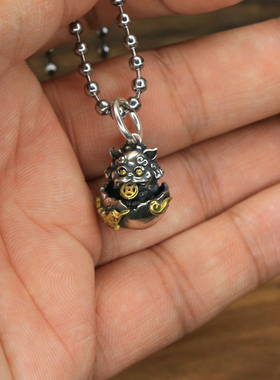 SAMTAO情侣项链S925银吊坠民族风复古貔貅蛋壳镶嵌黄铜小众男女挂