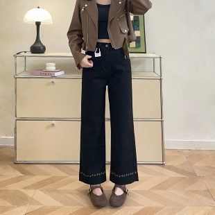 新款 宽松显瘦拼接刺绣阔腿裤 窄版 女微胖妹妹MM大码 直筒牛仔裤 秋季