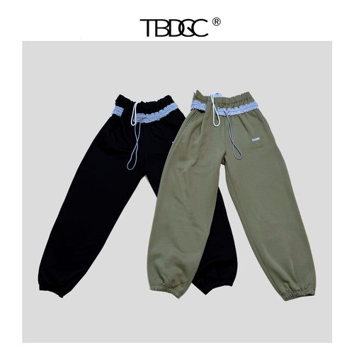 双腰设计休闲宽松抽绳束腰长裤