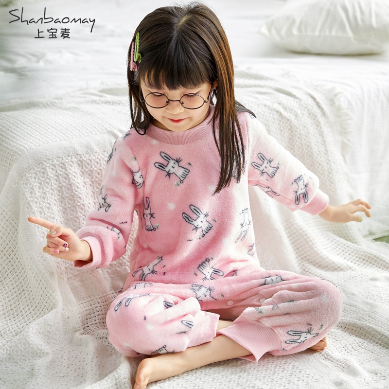 上宝麦秋冬新品儿童连体睡衣法兰绒女童保暖睡衣珊瑚绒家居服加厚