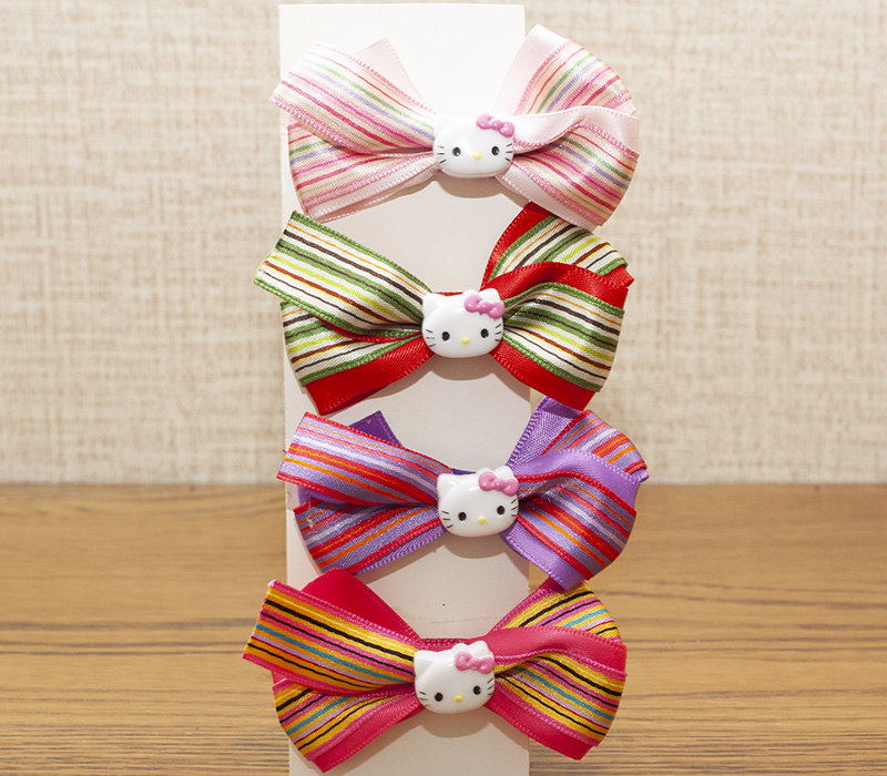 工厂样板 童款 hello kitty 立体头像条纹蝴蝶结 包布发夹 散装