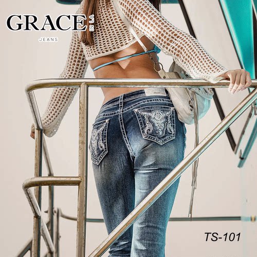 进口女款牛仔裤野外骑马裤微喇休闲直筒裤长裤深蓝色刺绣款流苏款