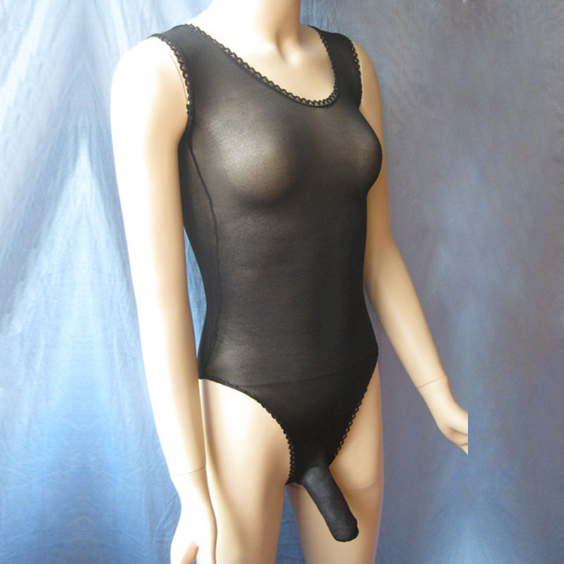 男士超薄透明丝袜背心性感游泳衣式高叉连体衣男大象带jj套连身袜