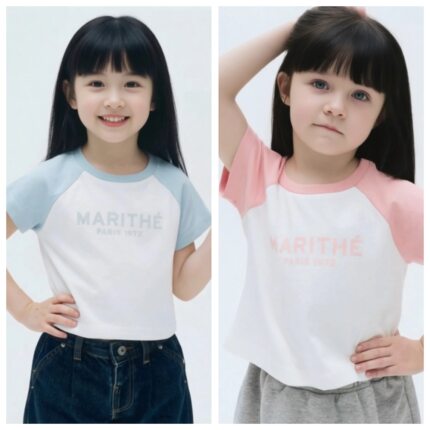 韩国marithe短袖字母印花休闲插肩拼色童装夏季男女同款纯棉T恤衫
