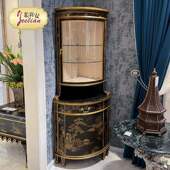 法式 复古客厅三角展示柜实木手绘明清风景布裂纹做旧艺术玻璃酒柜