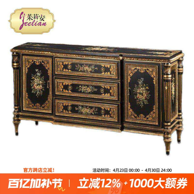 茱莉安法式新中式黑色描金彩绘贴金箔两门三斗柜玄关柜别墅储物柜