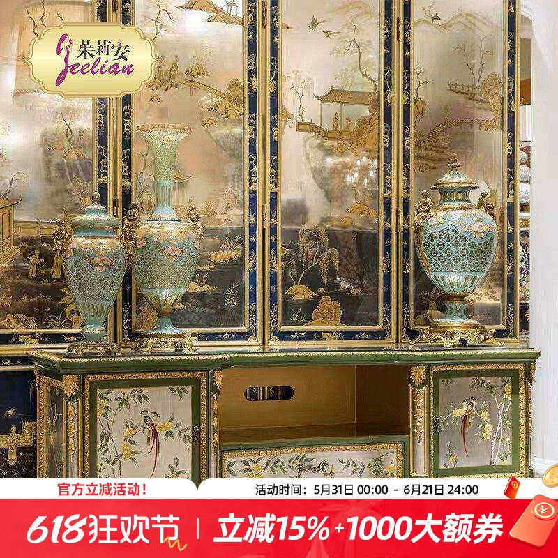 茱莉安艺术奢华金银箔花鸟彩漆手绘电视柜欧式法式实木手工雕刻