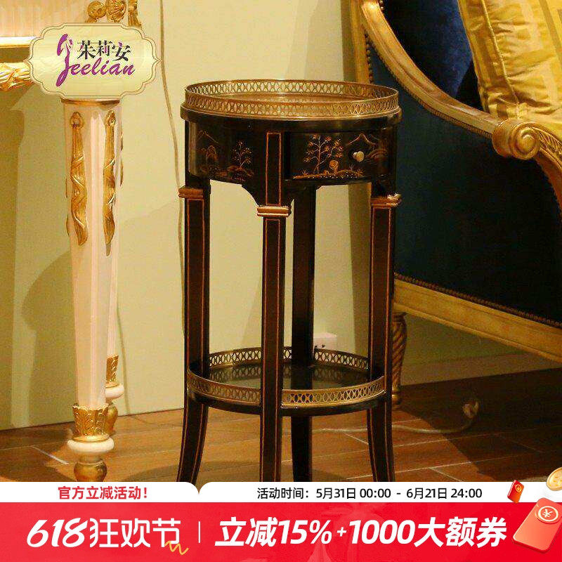 热销亿联家居欧式桦木黑色金色手绘实木铜花边抽屉双层小圆茶几