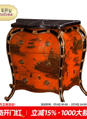 茱莉安法式中国风橙色三斗柜大理石重工叠金手绘人物风景玄关柜