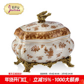 茱莉安法式 复古陶瓷手绘铜小鸟造型盖盒装 饰盒桌面饰品摆件