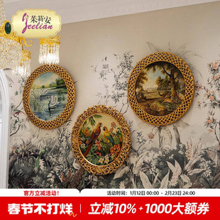 茱莉安法式艺术彩绘三联副花鸟景象壁画别墅客厅背景墙装饰挂画