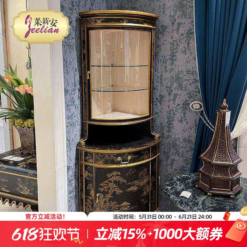 法式复古客厅三角展示柜实木手绘明清风景布裂纹做旧艺术玻璃酒柜