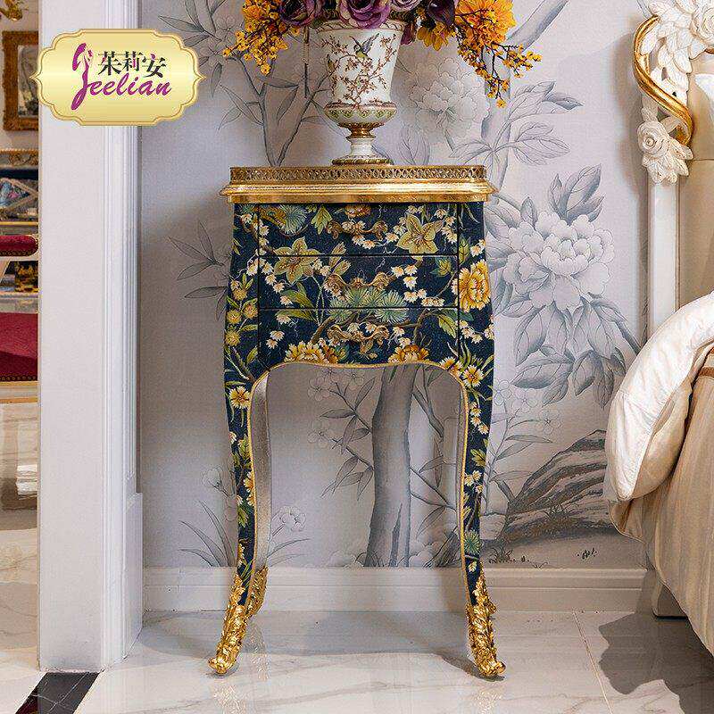 茱莉安法式古典蓝色手绘彩绘花卉实木配铜雕刻小方几角几装饰柜
