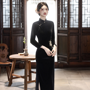 高级感长款旗袍2025年新款秋长款纯色日常秋款七分袖妈妈丝绒中袖