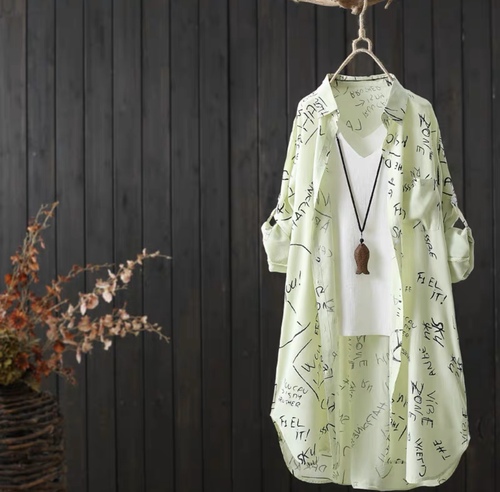 Letter print medium long long long sleeved shirt women's summer clothes new casual loose cardigan sunscreen clothes women's beach clothes