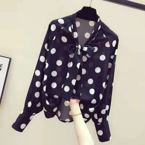 Early spring Vintage girl wave Dot Chiffon shirt women's long sleeve foreign style lace up lazy wind loose Hong Kong style top