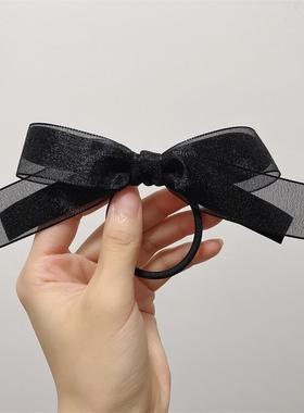 夏季新款进口丝绒纱带蝴蝶结甜美布艺黑色鸭嘴夹短发刘海边夹发夹