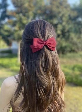 原创设计韩系温柔小姐姐黑色酒红色的蝴蝶结弹簧夹鸭嘴夹发卡顶夹