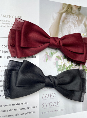 韩国黑色小香风多层叠加韩国棉带珍珠泡泡纱蝴蝶结发夹发饰弹簧夹