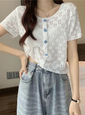 夏季甜美可爱显瘦短袖薄款微透针织衫小个子新款镂空甜美减龄上衣