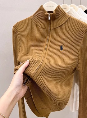 加厚拉链刺绣毛衣开衫女针织衫长袖秋季新款针织外套黑色短款