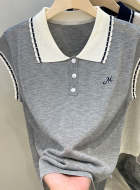 花边翻领轻薄款针织短袖T恤女2025夏季新款宽松半袖polo衫上衣潮