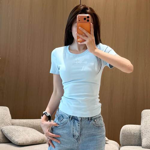 运动休闲短款收腰上衣性感显瘦修身短袖打底衫南油女夏季纯棉t恤