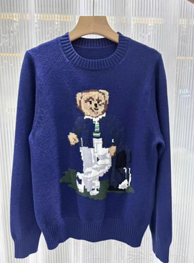 卡通刺绣小熊圆领情侣毛衣 男女同款减龄休闲百搭宽松针织衫上衣