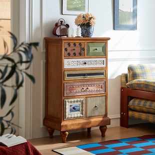 卧室收纳柜子沙发边柜 复古阳台储物柜 美式 实木五斗柜客厅玄关柜