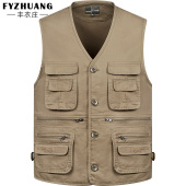 春秋纯棉休闲坎肩爸爸马甲中老年男士 马夹户外钓鱼背心 多口袋工装