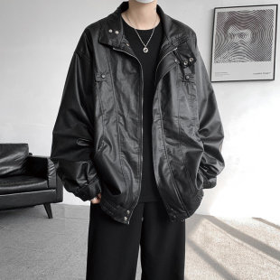 日工装 新款 上市系立领PU皮衣外套男美式 高街痞帅机车服夹克大码