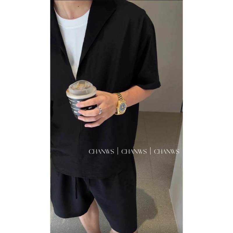 休闲亚麻T恤衬衫一套衣服男-衬衫裤子