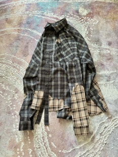 undercover春秋新款立体4d不规则格子拼接长袖衬衫潮流上衣外套