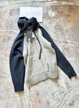 undercover连帽经典秋冬羊毛毛衣藏蓝色灰色拼接设计英伦街头潮流