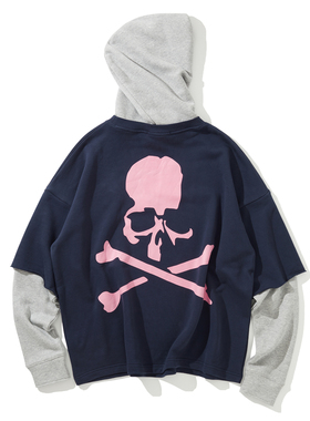 mastermind world复线全棉大骷髅假两件藏青灰粉立体刺绣连帽卫衣