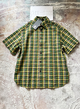 undercover春秋新款立体休闲绿色系小格子短袖衬衫街头潮流上衣