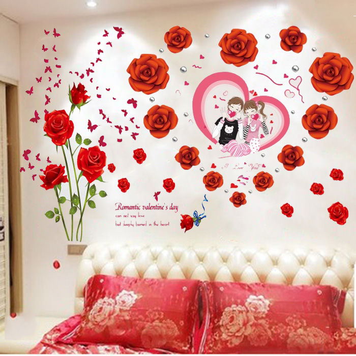 创意温馨浪漫玫瑰花情侣墙贴纸婚房卧室床头客厅背景墙纸自粘装饰