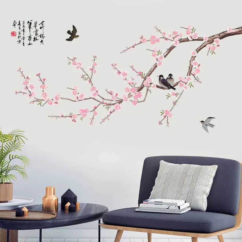 创意中式古典风桃花温馨春鸟图装饰画客厅沙发电视背景墙床头自粘