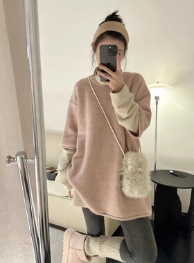 甜美风粉色圆领短袖毛衣女2026新款冬季休闲宽松中长款叠穿上衣女